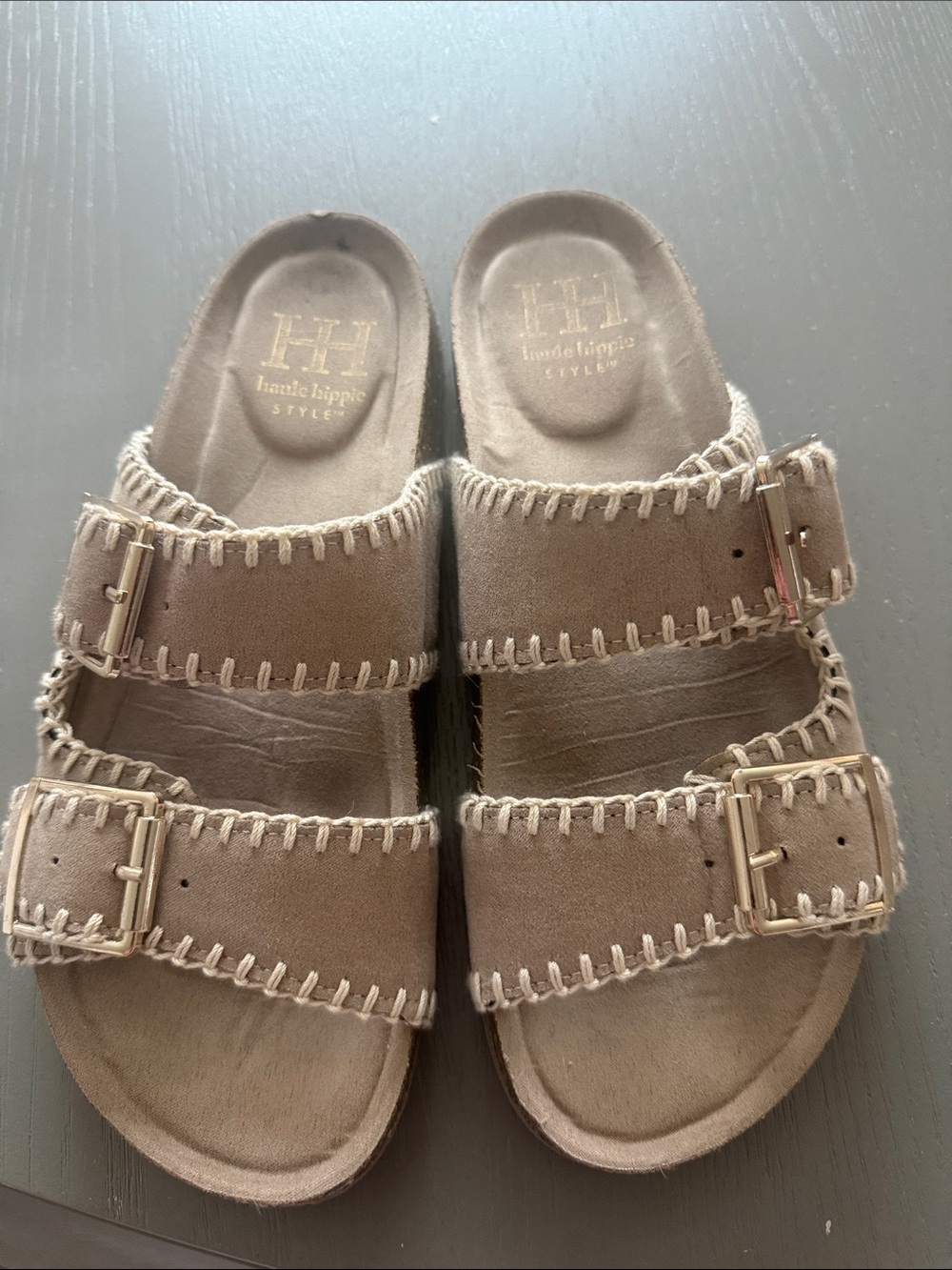 Women’s Haute Hippie  Taupe Suede Double-Buckle Slide Sandals 8.5